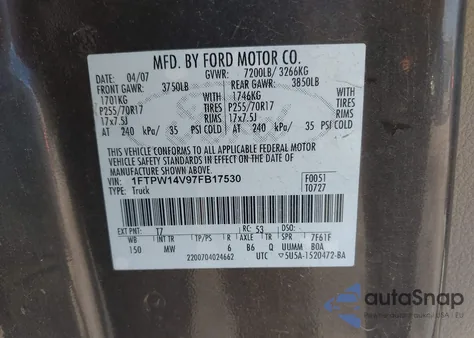 2007 Ford F-150 Fx4/Lariat/Xlt from USA, damaged, VIN 1FTPW14V97FB17530